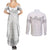 Samoa Lotu Tamaiti Couples Matching Summer Maxi Dress and Long Sleeve Button Shirt White Sunday Polynesian Pattern With Tropical Flowers