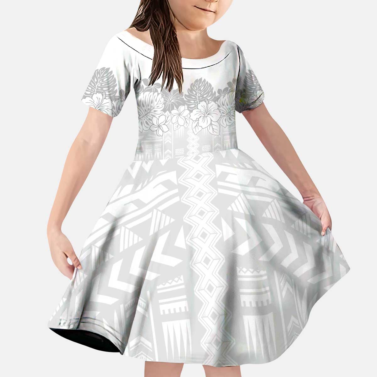 Samoa Lotu Tamaiti Kid Short Sleeve Dress White Sunday Polynesian Pattern With Tropical Flowers