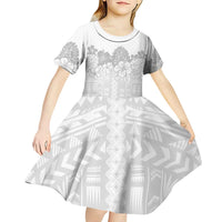 Samoa Lotu Tamaiti Kid Short Sleeve Dress White Sunday Polynesian Pattern With Tropical Flowers