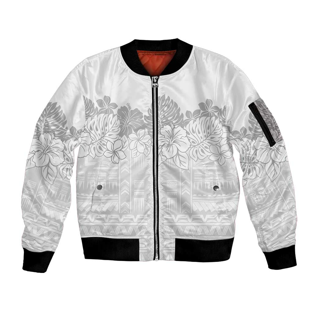 Samoa Lotu Tamaiti Sleeve Zip Bomber Jacket White Sunday Polynesian Pattern With Tropical Flowers LT05 Unisex White - Polynesian Pride