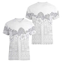 Samoa Lotu Tamaiti Women V-Neck T-Shirt White Sunday Polynesian Pattern With Tropical Flowers