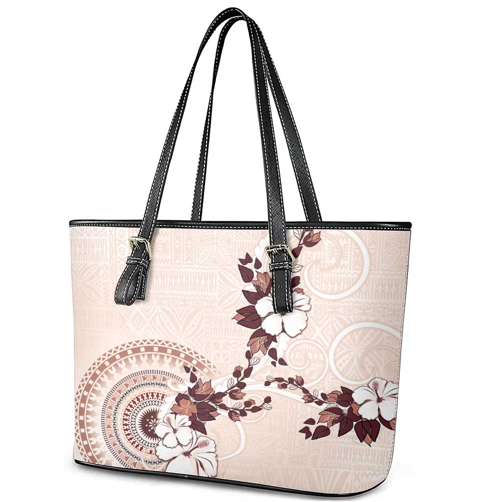 Bula Fiji Language Week Leather Tote Bag Fijian Tapa Pattern With Tagimoucia Flower