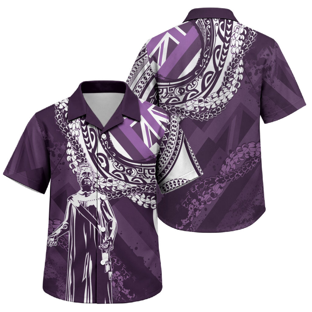 Hawaii Queen Liliuokalani Family Matching Off The Shoulder Long Sleeve Dress and Hawaiian Shirt Hawaiian Maile Lei Flag Style LT05 Son's Shirt Purple - Polynesian Pride