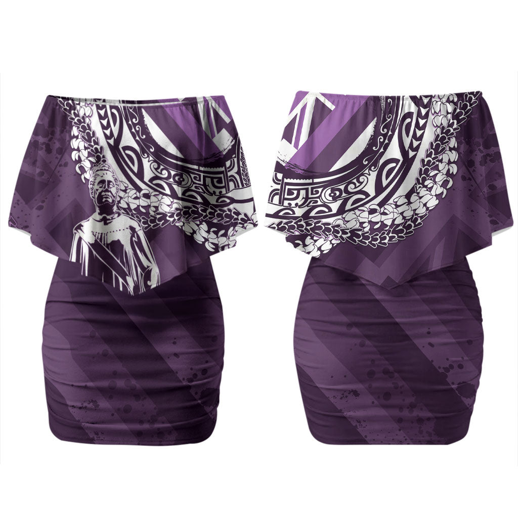 Hawaii Queen Liliuokalani Family Matching Off Shoulder Short Dress and Hawaiian Shirt Hawaiian Maile Lei Flag Style LT05 Mom's Dress Purple - Polynesian Pride