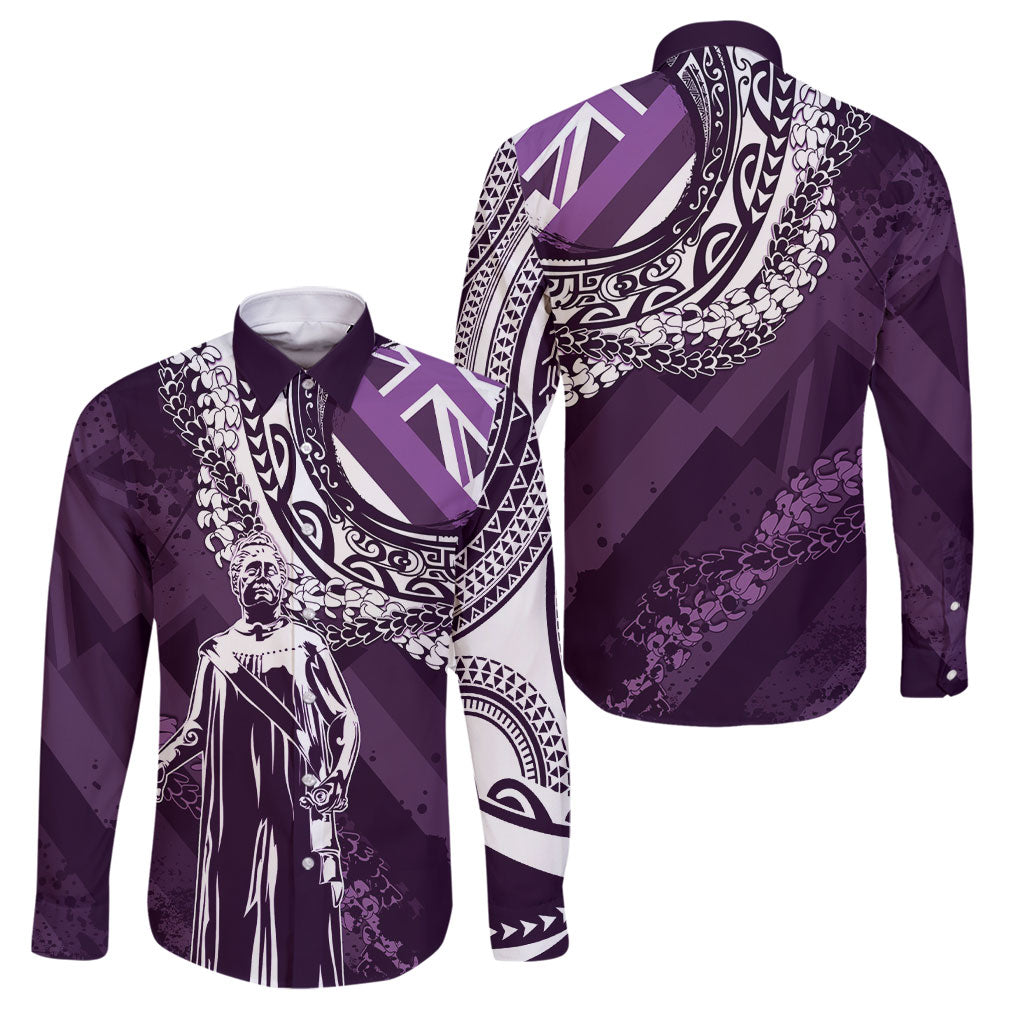 Hawaii Queen Liliuokalani Family Matching Off Shoulder Short Dress and Hawaiian Shirt Hawaiian Maile Lei Flag Style LT05 Dad's Shirt - Long Sleeve Purple - Polynesian Pride