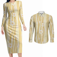 Hawaii Queen Liliuokalani Couples Matching Long Sleeve Bodycon Dress and Long Sleeve Button Shirt Gold Lei Pua Kalaunu