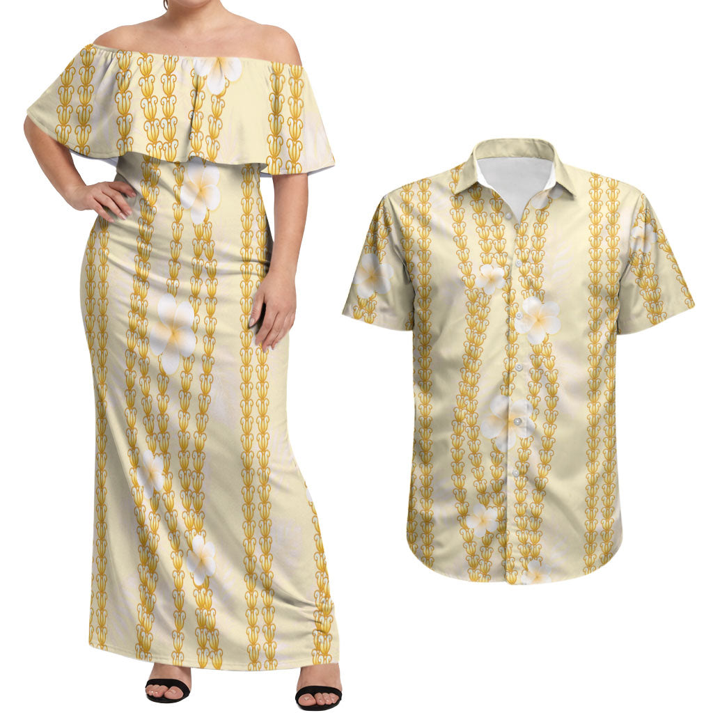 Hawaii Queen Liliuokalani Couples Matching Off Shoulder Maxi Dress and Hawaiian Shirt Gold Lei Pua Kalaunu