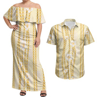 Hawaii Queen Liliuokalani Couples Matching Off Shoulder Maxi Dress and Hawaiian Shirt Gold Lei Pua Kalaunu