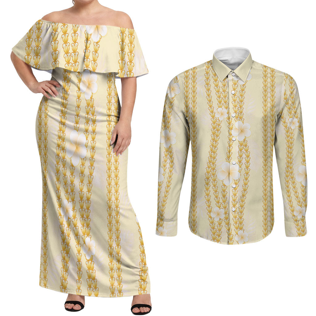 Hawaii Queen Liliuokalani Couples Matching Off Shoulder Maxi Dress and Long Sleeve Button Shirt Gold Lei Pua Kalaunu