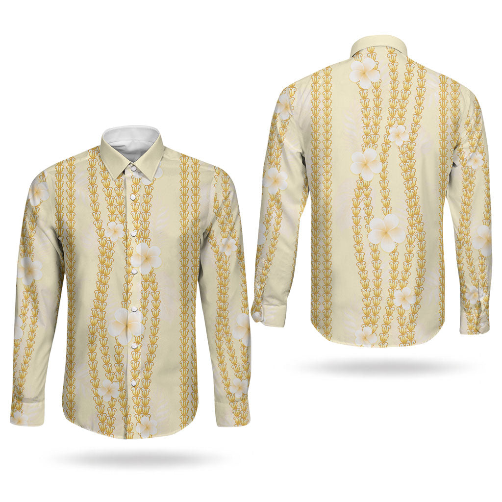 Hawaii Queen Liliuokalani Couples Matching Off Shoulder Maxi Dress and Long Sleeve Button Shirt Gold Lei Pua Kalaunu
