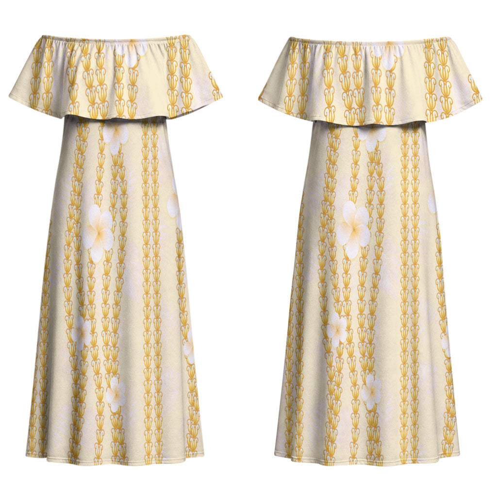 Hawaii Queen Liliuokalani Couples Matching Off Shoulder Maxi Dress and Long Sleeve Button Shirt Gold Lei Pua Kalaunu