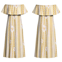 Hawaii Queen Liliuokalani Couples Matching Off Shoulder Maxi Dress and Long Sleeve Button Shirt Gold Lei Pua Kalaunu