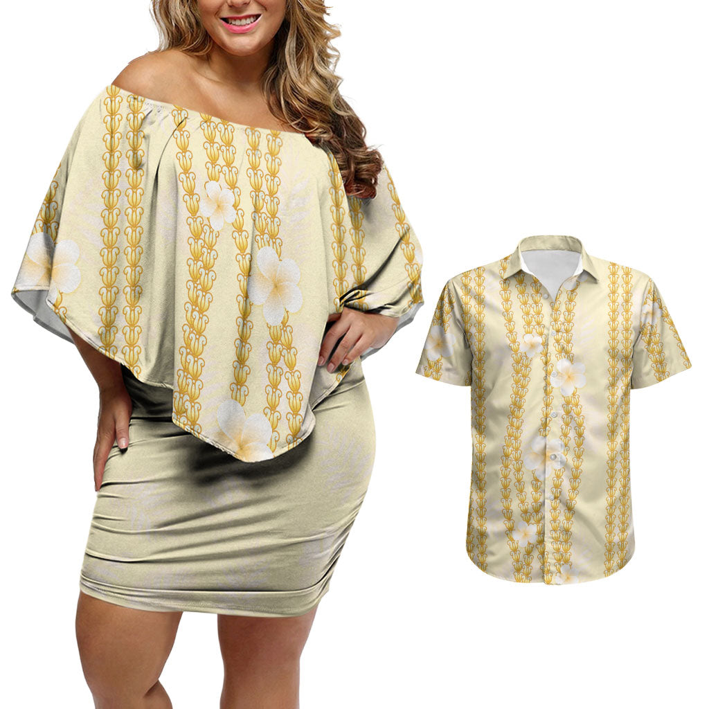 Hawaii Queen Liliuokalani Couples Matching Off Shoulder Short Dress and Hawaiian Shirt Gold Lei Pua Kalaunu