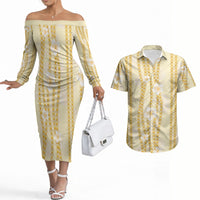 Hawaii Queen Liliuokalani Couples Matching Off The Shoulder Long Sleeve Dress and Hawaiian Shirt Gold Lei Pua Kalaunu