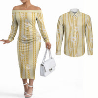 Hawaii Queen Liliuokalani Couples Matching Off The Shoulder Long Sleeve Dress and Long Sleeve Button Shirt Gold Lei Pua Kalaunu
