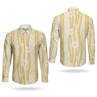 Hawaii Queen Liliuokalani Couples Matching Puletasi and Long Sleeve Button Shirt Gold Lei Pua Kalaunu