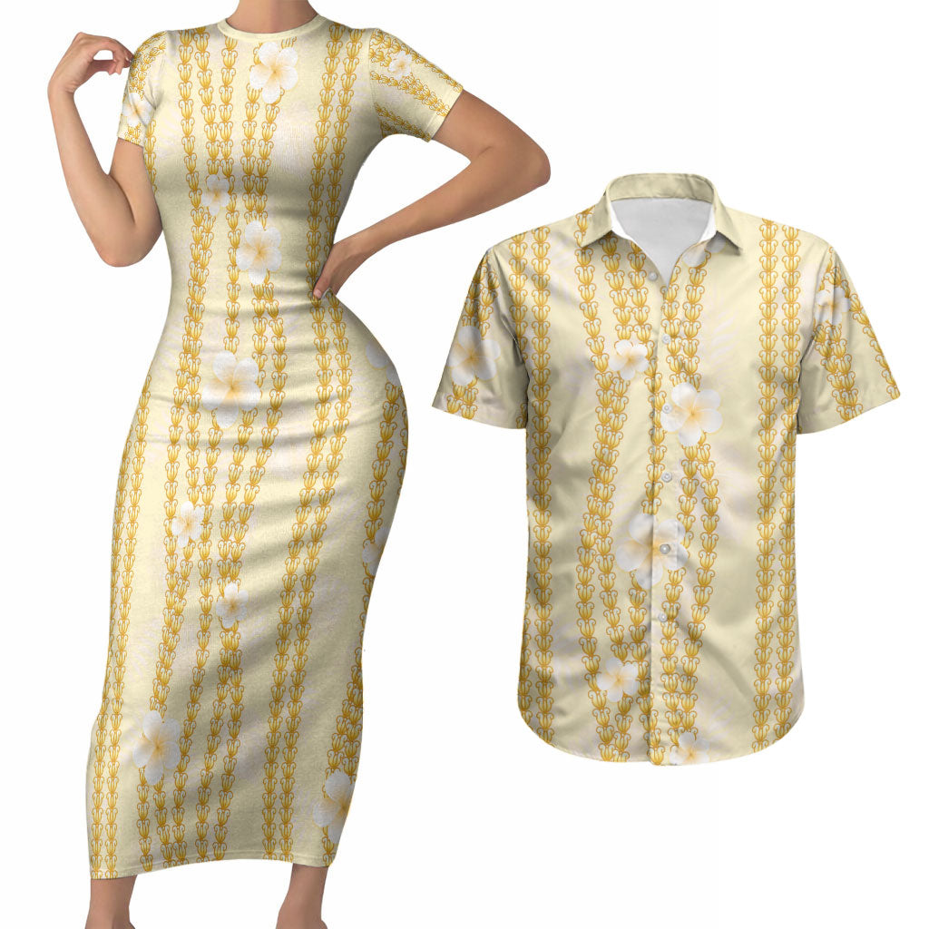 Hawaii Queen Liliuokalani Couples Matching Short Sleeve Bodycon Dress and Hawaiian Shirt Gold Lei Pua Kalaunu