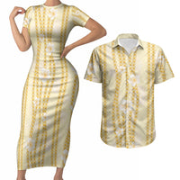 Hawaii Queen Liliuokalani Couples Matching Short Sleeve Bodycon Dress and Hawaiian Shirt Gold Lei Pua Kalaunu