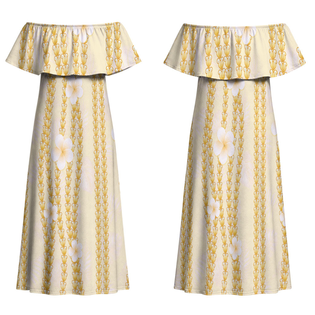 Hawaii Queen Liliuokalani Family Matching Off Shoulder Maxi Dress and Hawaiian Shirt Gold Lei Pua Kalaunu