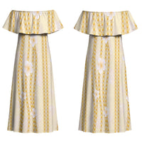 Hawaii Queen Liliuokalani Family Matching Off Shoulder Maxi Dress and Hawaiian Shirt Gold Lei Pua Kalaunu