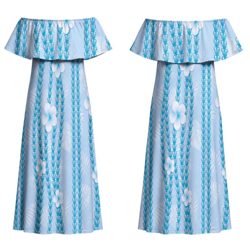 Hawaii Queen Liliuokalani Couples Matching Off Shoulder Maxi Dress and Long Sleeve Button Shirt Blue Lei Pua Kalaunu LT05 - Polynesian Pride