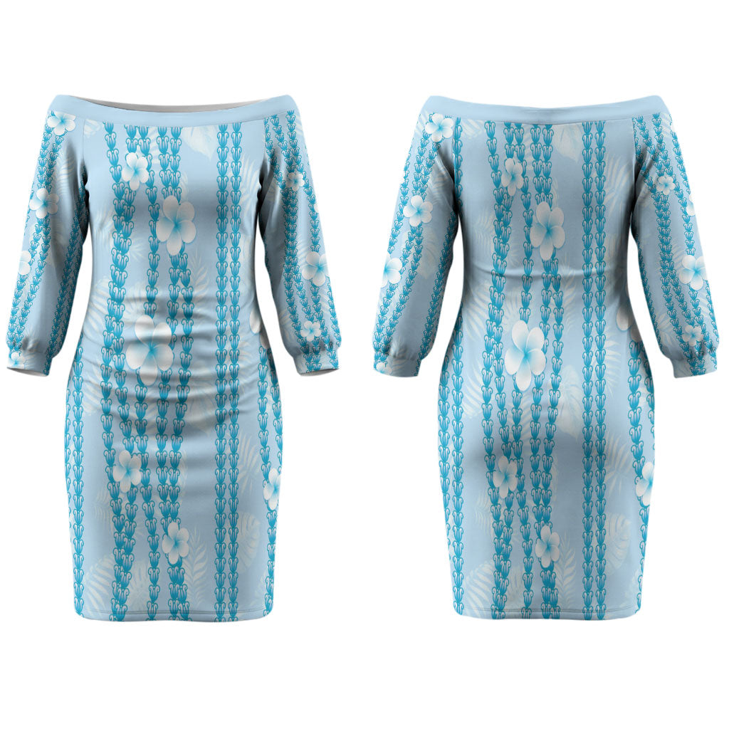 Hawaii Queen Liliuokalani Family Matching Off The Shoulder Long Sleeve Dress and Hawaiian Shirt Blue Lei Pua Kalaunu LT05 Mom's Dress Blue - Polynesian Pride
