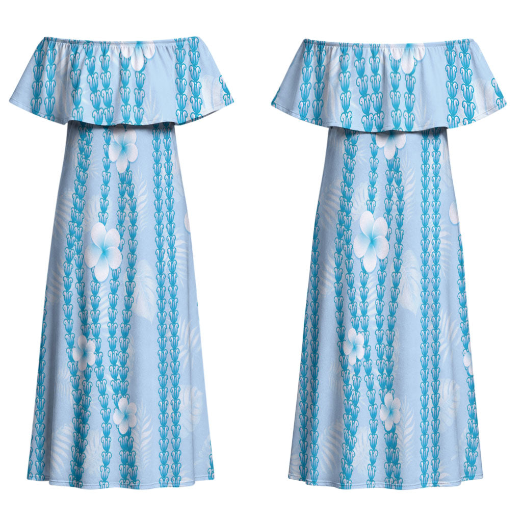 Hawaii Queen Liliuokalani Family Matching Off Shoulder Maxi Dress and Hawaiian Shirt Blue Lei Pua Kalaunu LT05 Mom's Dress Blue - Polynesian Pride