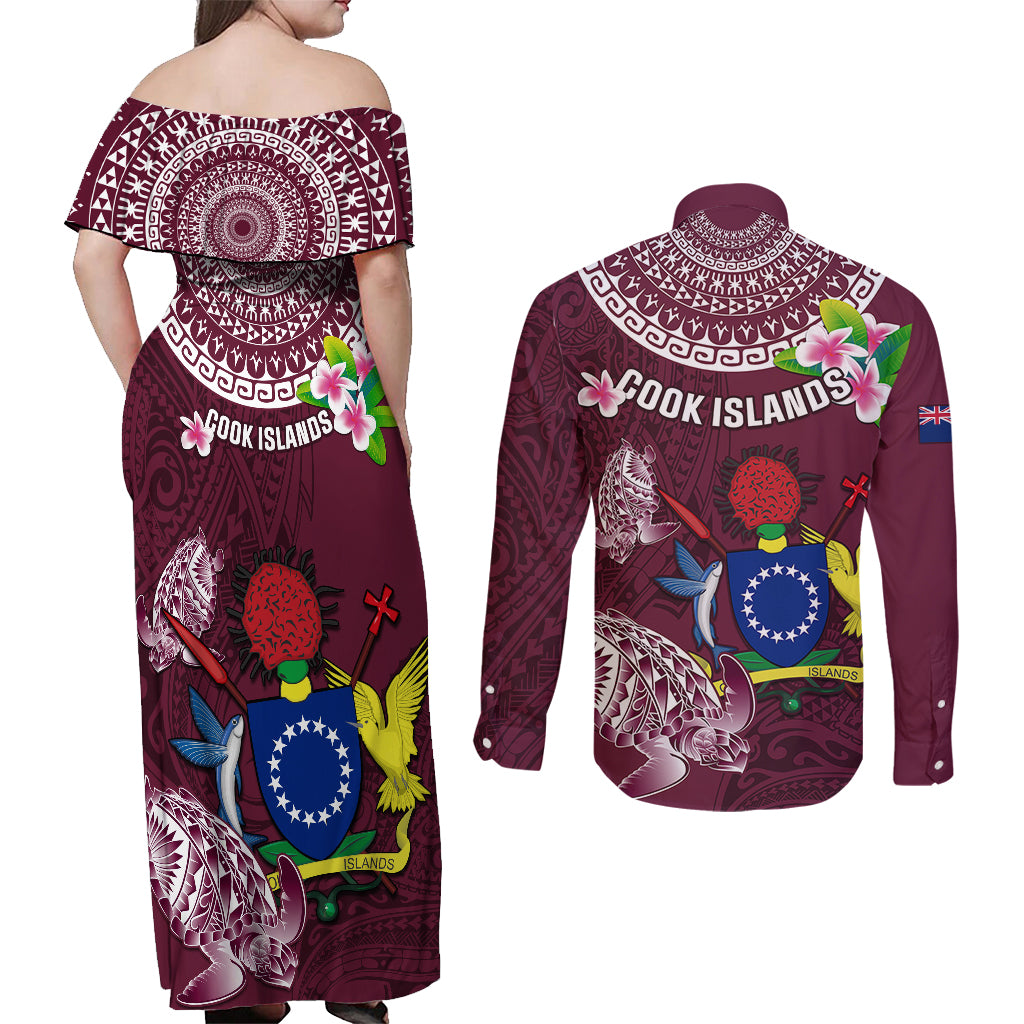 Cook Islands Mangaia Couples Matching Off Shoulder Maxi Dress and Long Sleeve Button Shirts Coat Of Arms Plumeria Polynesian Turtle LT05 - Polynesian Pride