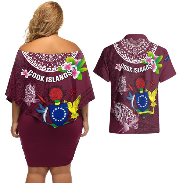 Personalized Cook Islands Mangaia Couples Matching Tank Maxi Dress and Long Sleeve Button Shirts Coat Of Arms Plumeria Polynesian Turtle LT05
