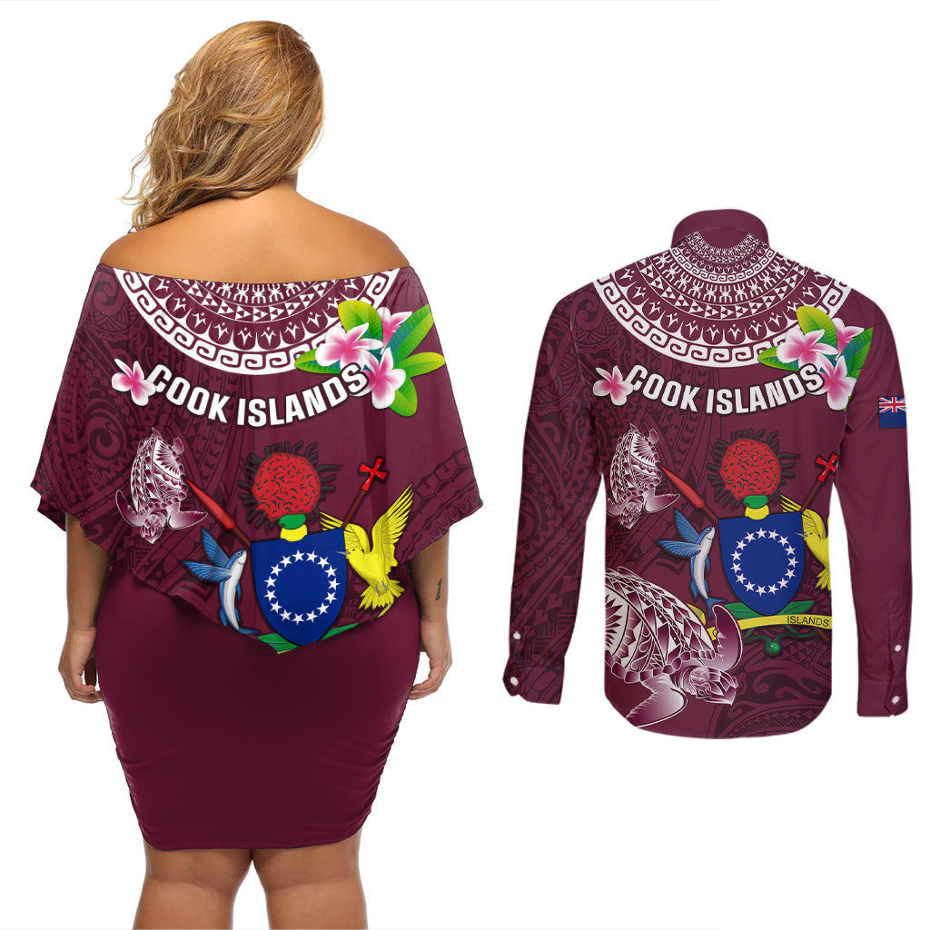 Cook Islands Mangaia Couples Matching Off Shoulder Short Dress and Long Sleeve Button Shirts Coat Of Arms Plumeria Polynesian Turtle LT05 - Polynesian Pride