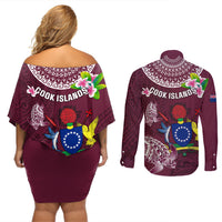 Cook Islands Mangaia Couples Matching Off Shoulder Short Dress and Long Sleeve Button Shirts Coat Of Arms Plumeria Polynesian Turtle LT05 - Polynesian Pride