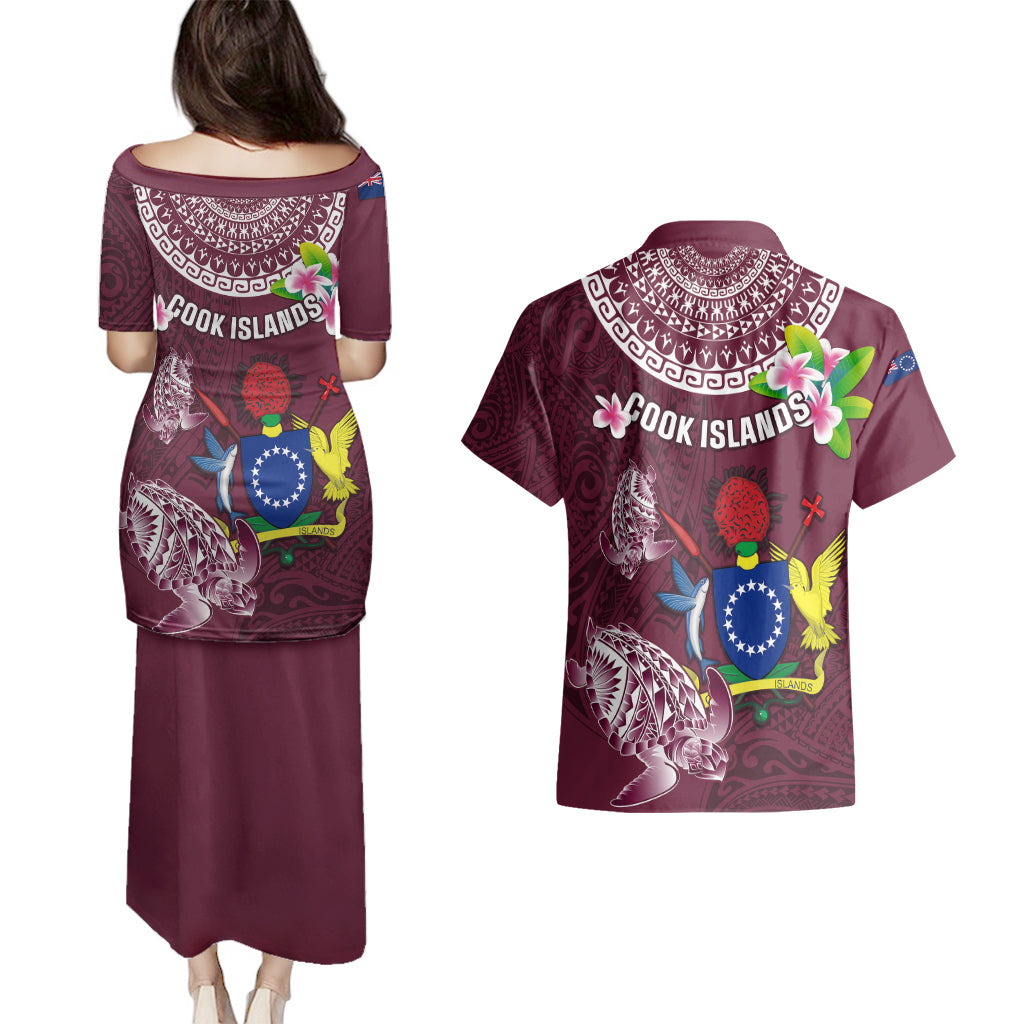 Cook Islands Mangaia Couples Matching Puletasi Dress and Hawaiian Shirt Coat Of Arms Plumeria Polynesian Turtle LT05 - Polynesian Pride