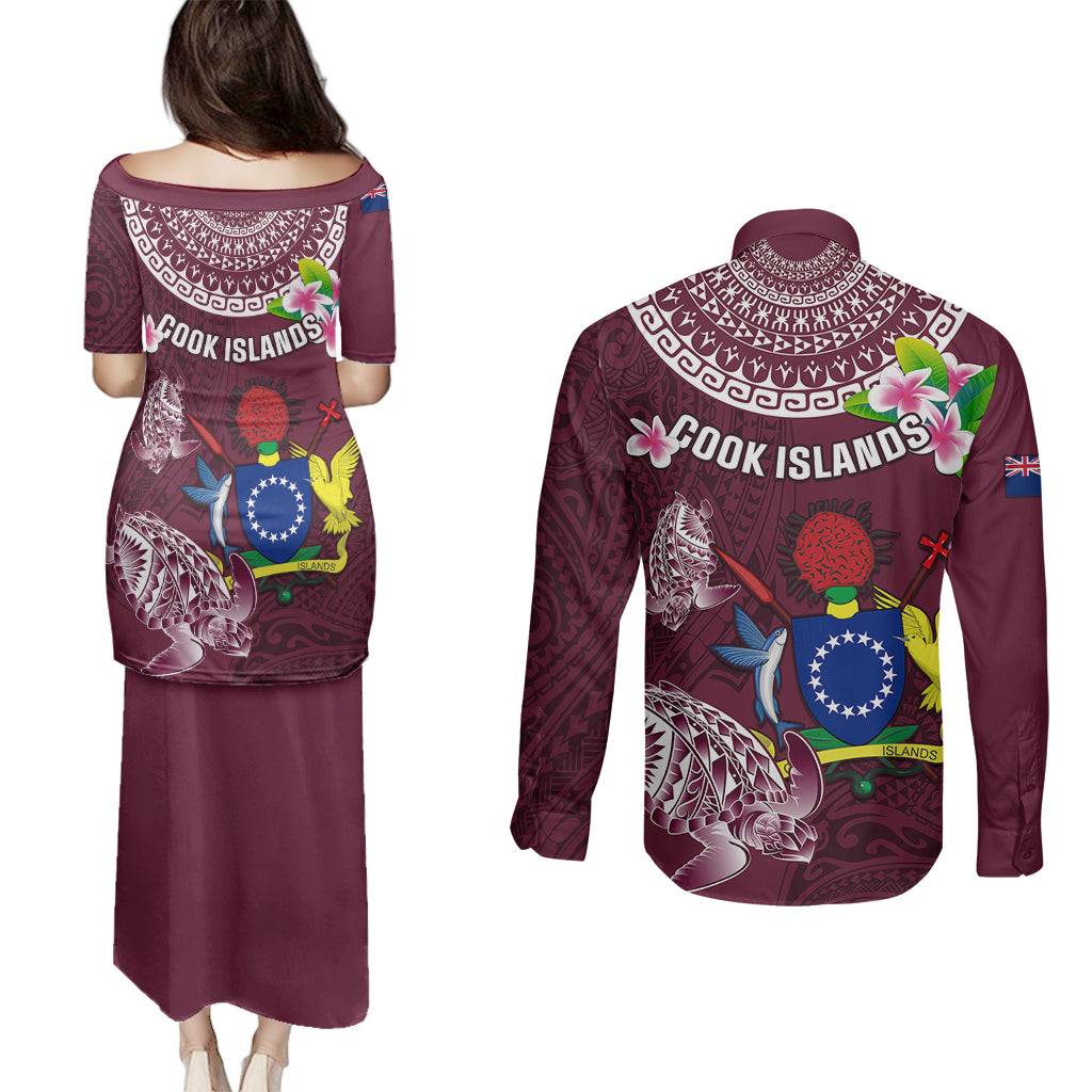 Cook Islands Mangaia Couples Matching Puletasi Dress and Long Sleeve Button Shirts Coat Of Arms Plumeria Polynesian Turtle LT05 - Polynesian Pride