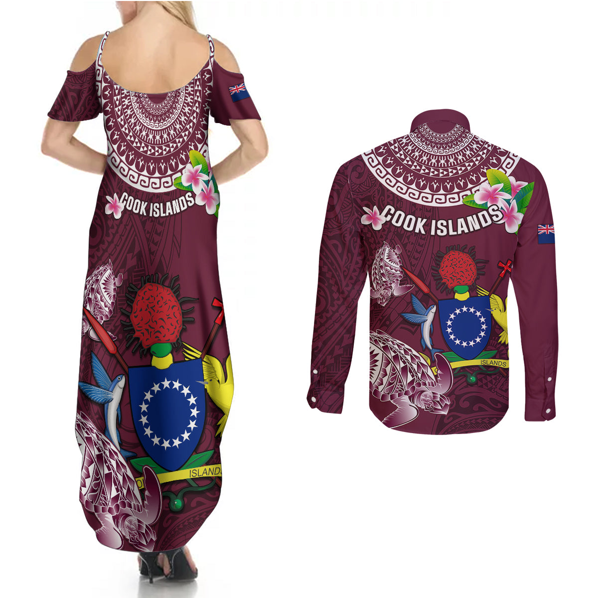 Cook Islands Mangaia Couples Matching Summer Maxi Dress and Long Sleeve Button Shirts Coat Of Arms Plumeria Polynesian Turtle LT05 - Polynesian Pride