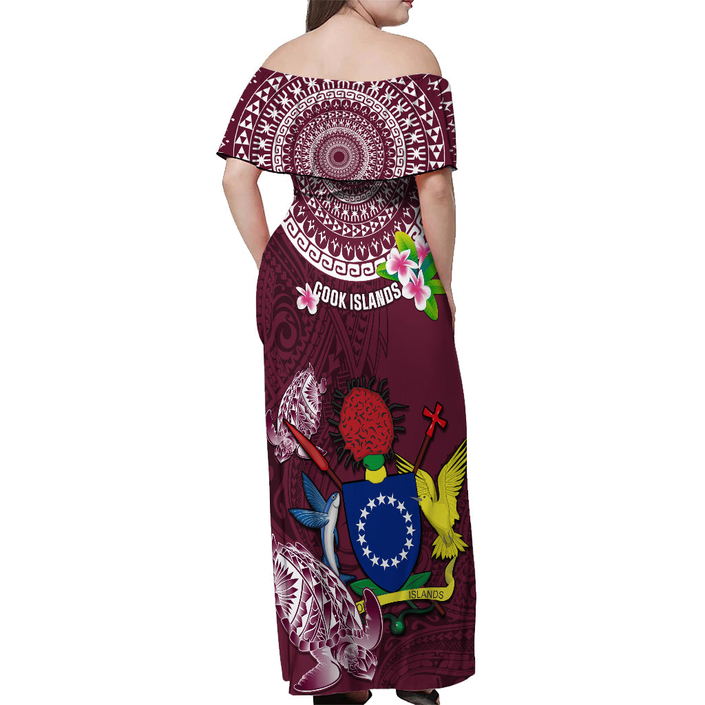 Cook Islands Mangaia Off Shoulder Maxi Dress Coat Of Arms Plumeria Polynesian Turtle LT05 - Polynesian Pride