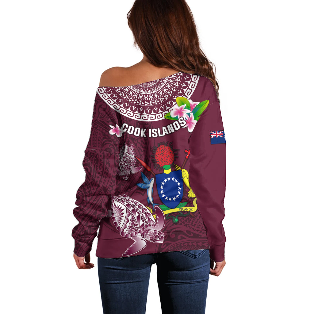 Cook Islands Mangaia Off Shoulder Sweater Coat Of Arms Plumeria Polynesian Turtle LT05 - Polynesian Pride