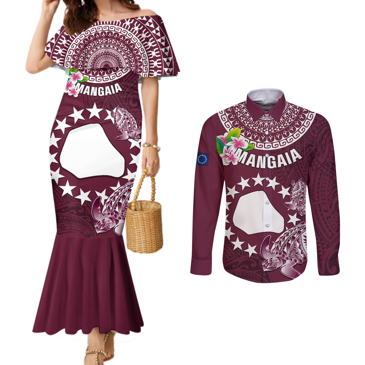 Personalized Cook Islands Mangaia Couples Matching Mermaid Dress and Long Sleeve Button Shirts Coat Of Arms Plumeria Polynesian Turtle LT05 Pink - Polynesian Pride