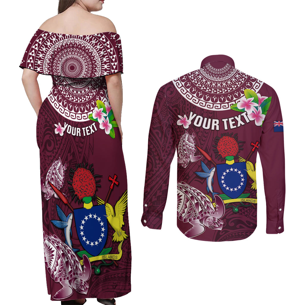 Personalized Cook Islands Mangaia Couples Matching Off Shoulder Maxi Dress and Long Sleeve Button Shirts Coat Of Arms Plumeria Polynesian Turtle LT05 - Polynesian Pride