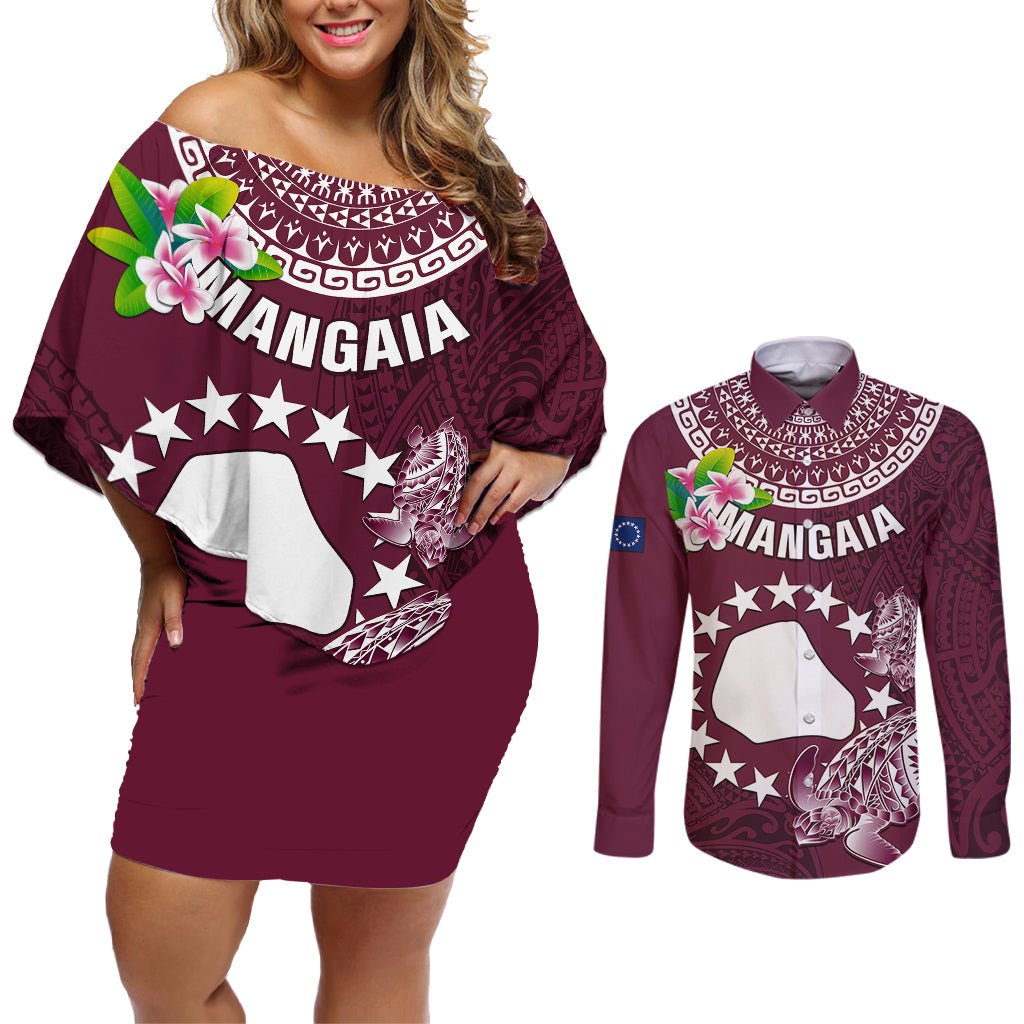 Personalized Cook Islands Mangaia Couples Matching Off Shoulder Short Dress and Long Sleeve Button Shirts Coat Of Arms Plumeria Polynesian Turtle LT05 Pink - Polynesian Pride