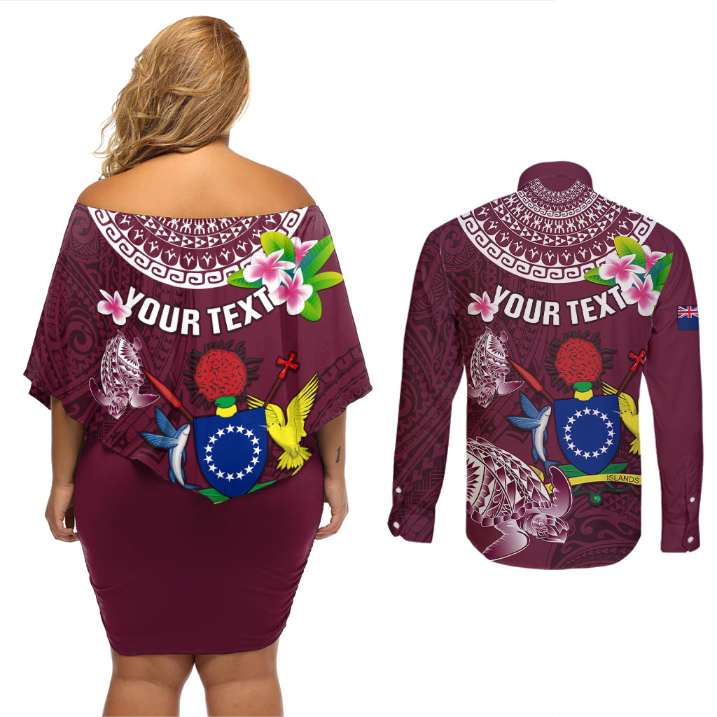 Personalized Cook Islands Mangaia Couples Matching Off Shoulder Short Dress and Long Sleeve Button Shirts Coat Of Arms Plumeria Polynesian Turtle LT05 - Polynesian Pride