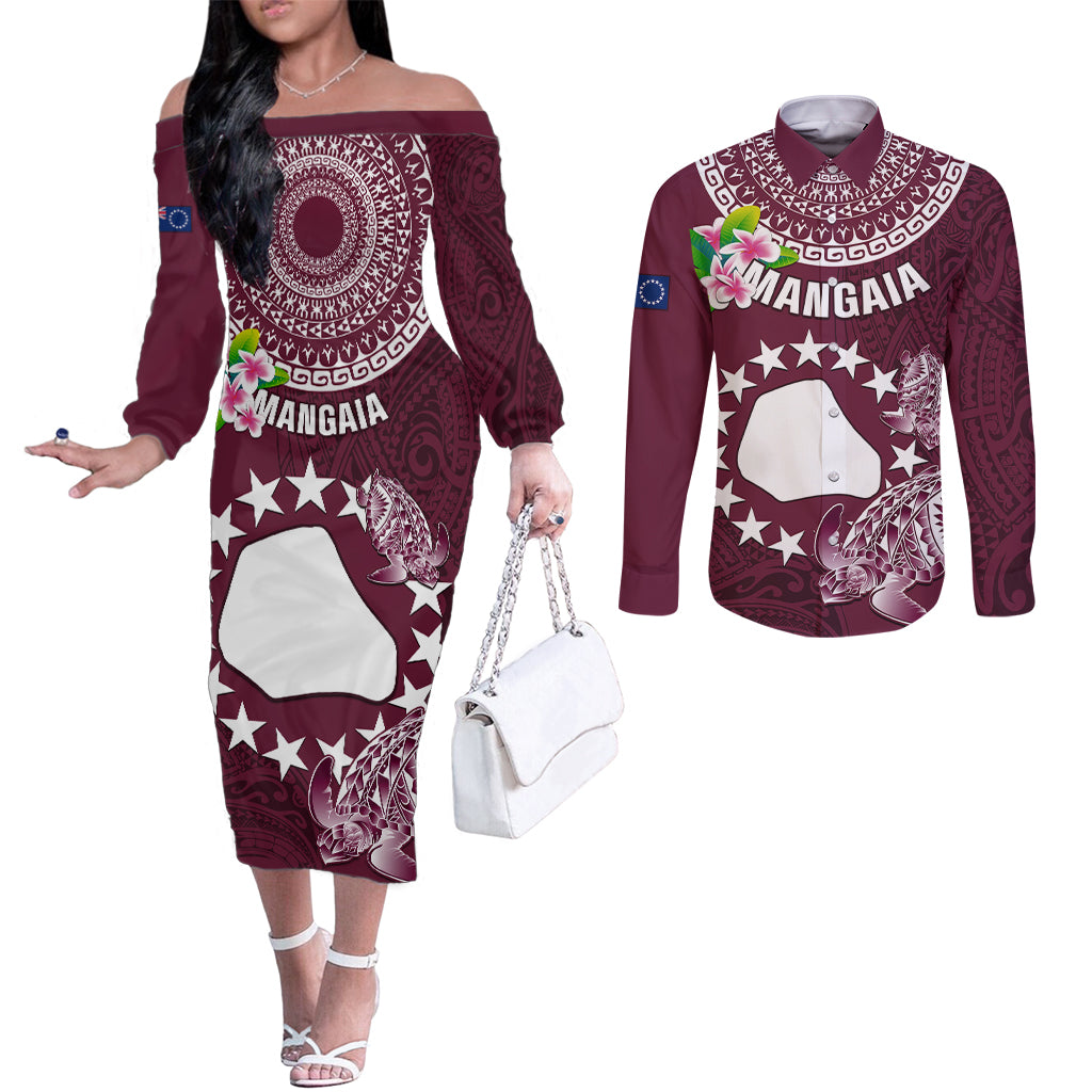 Personalized Cook Islands Mangaia Couples Matching Off The Shoulder Long Sleeve Dress and Long Sleeve Button Shirts Coat Of Arms Plumeria Polynesian Turtle LT05 Pink - Polynesian Pride