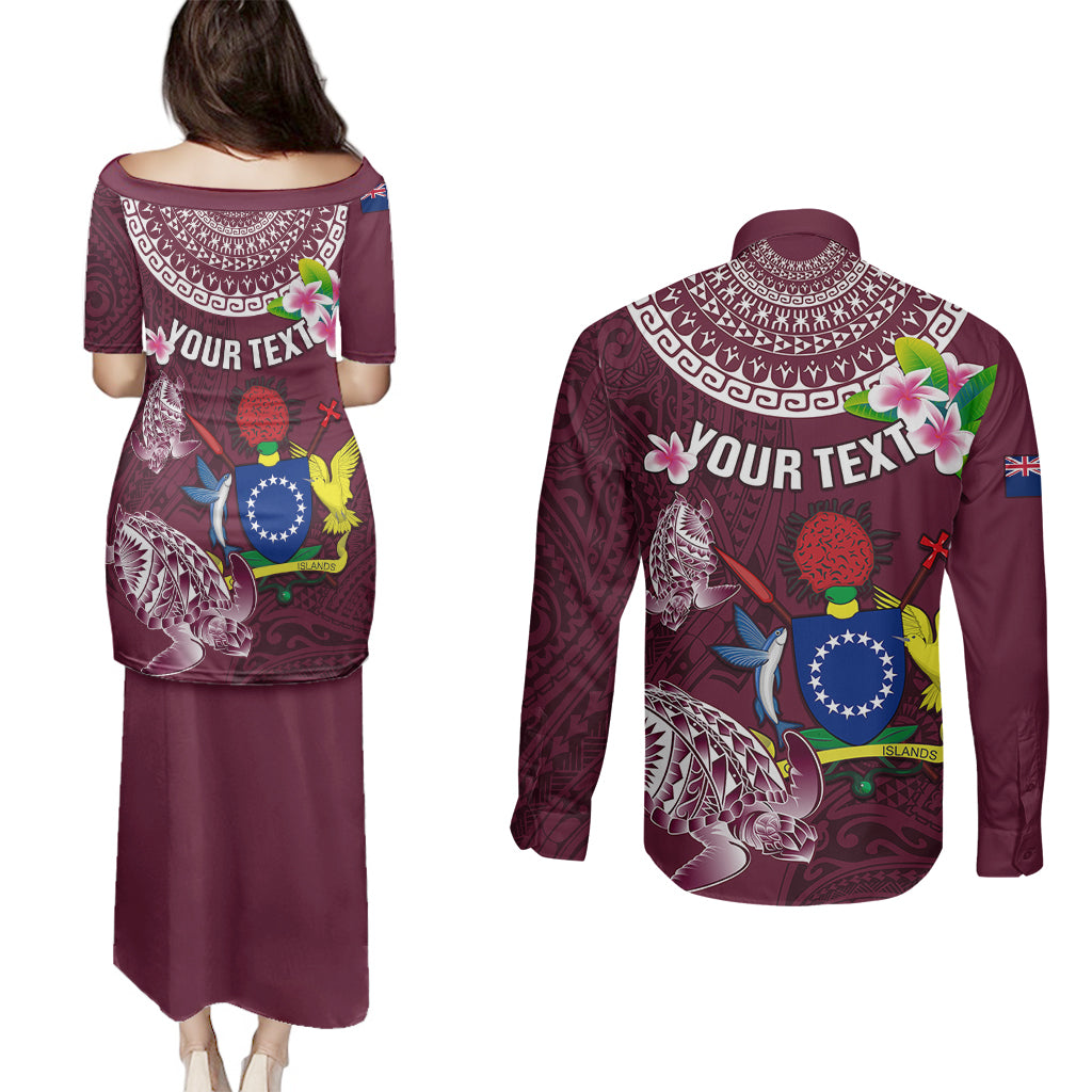 Personalized Cook Islands Mangaia Couples Matching Puletasi Dress and Long Sleeve Button Shirts Coat Of Arms Plumeria Polynesian Turtle LT05 - Polynesian Pride