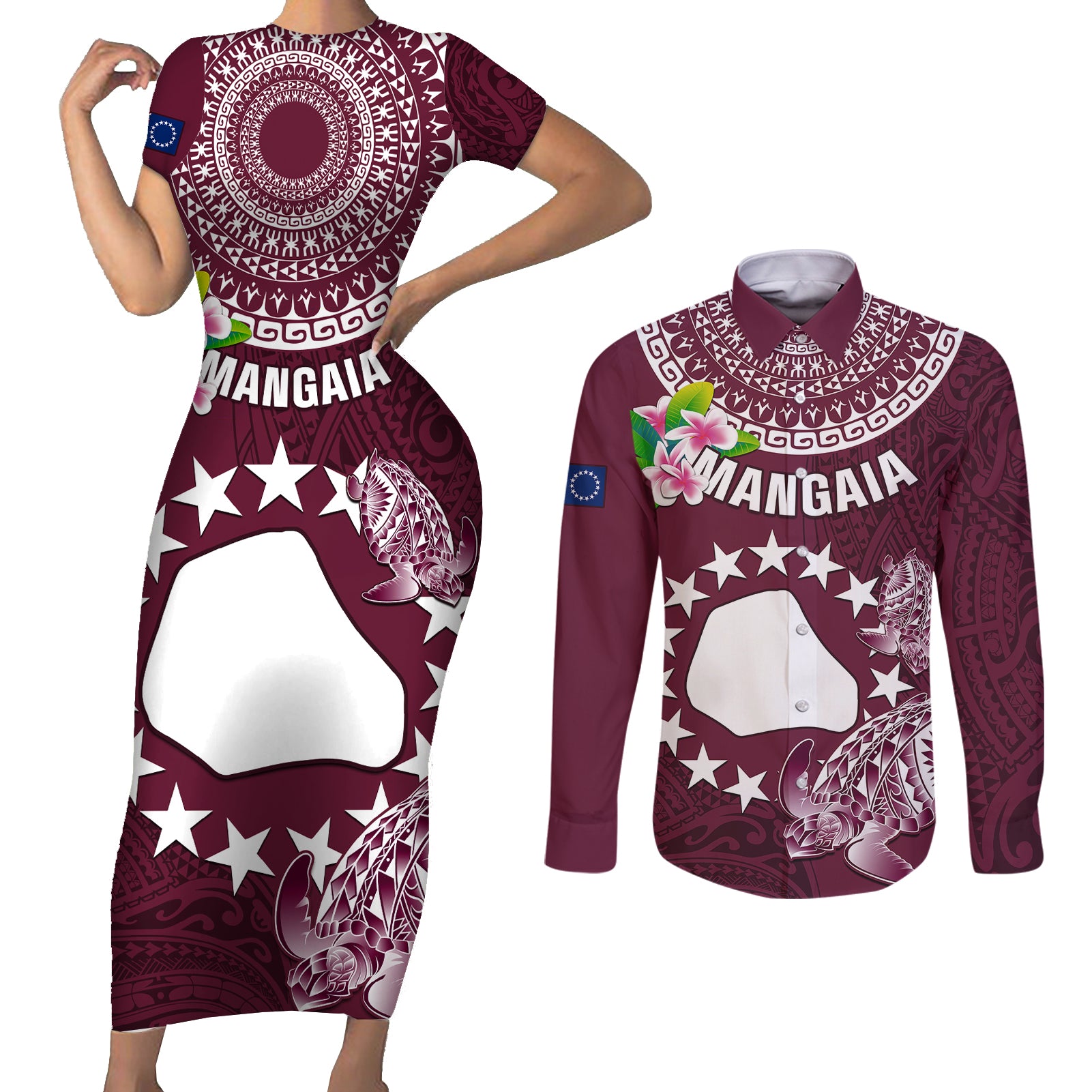 Personalized Cook Islands Mangaia Couples Matching Short Sleeve Bodycon Dress and Long Sleeve Button Shirts Coat Of Arms Plumeria Polynesian Turtle LT05 Pink - Polynesian Pride