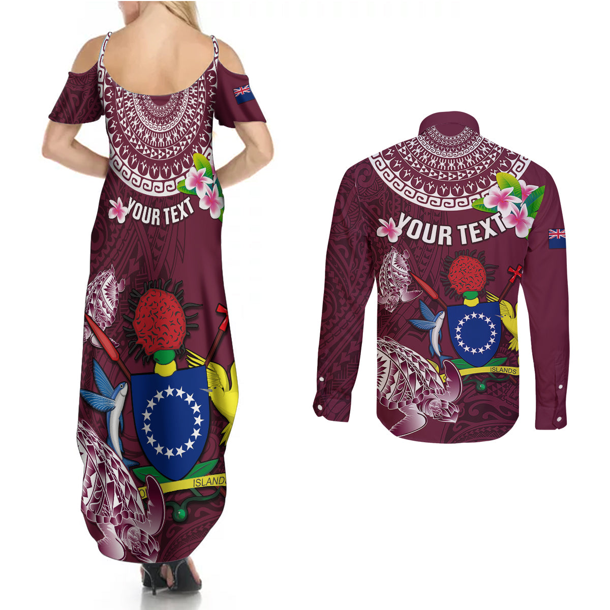 Personalized Cook Islands Mangaia Couples Matching Summer Maxi Dress and Long Sleeve Button Shirts Coat Of Arms Plumeria Polynesian Turtle LT05 - Polynesian Pride