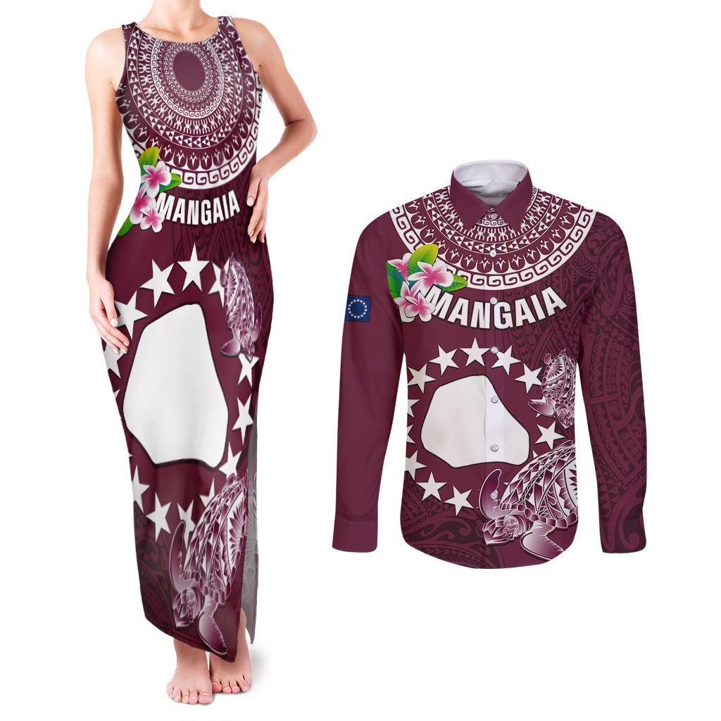 Personalized Cook Islands Mangaia Couples Matching Tank Maxi Dress and Long Sleeve Button Shirts Coat Of Arms Plumeria Polynesian Turtle LT05 Pink - Polynesian Pride