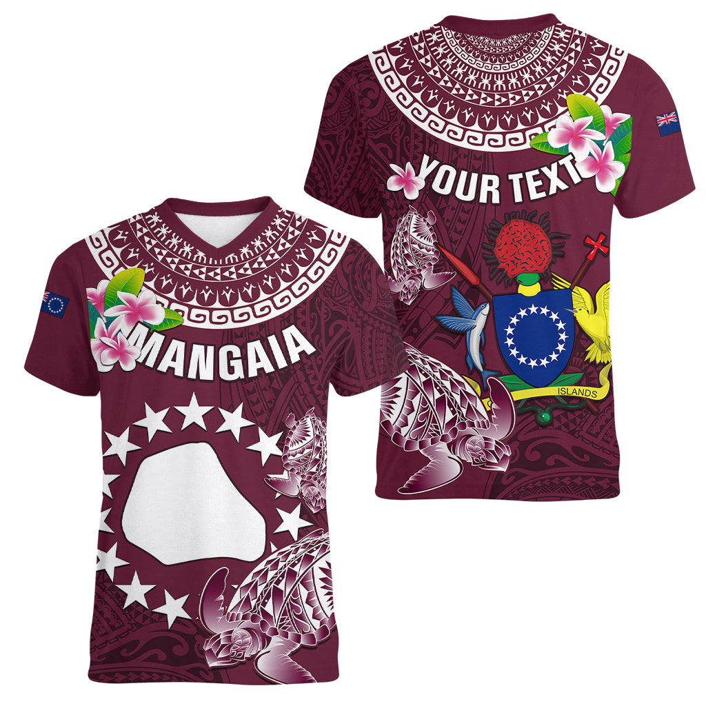 Personalized Cook Islands Mangaia Women V Neck T Shirt Coat Of Arms Plumeria Polynesian Turtle LT05 - Polynesian Pride