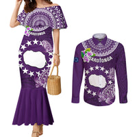 Cook Islands Rarotonga Couples Matching Mermaid Dress and Long Sleeve Button Shirts Coat Of Arms Plumeria Polynesian Turtle LT05 Purple - Polynesian Pride
