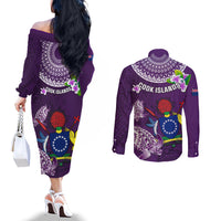 Cook Islands Rarotonga Couples Matching Off The Shoulder Long Sleeve Dress and Long Sleeve Button Shirts Coat Of Arms Plumeria Polynesian Turtle LT05 - Polynesian Pride