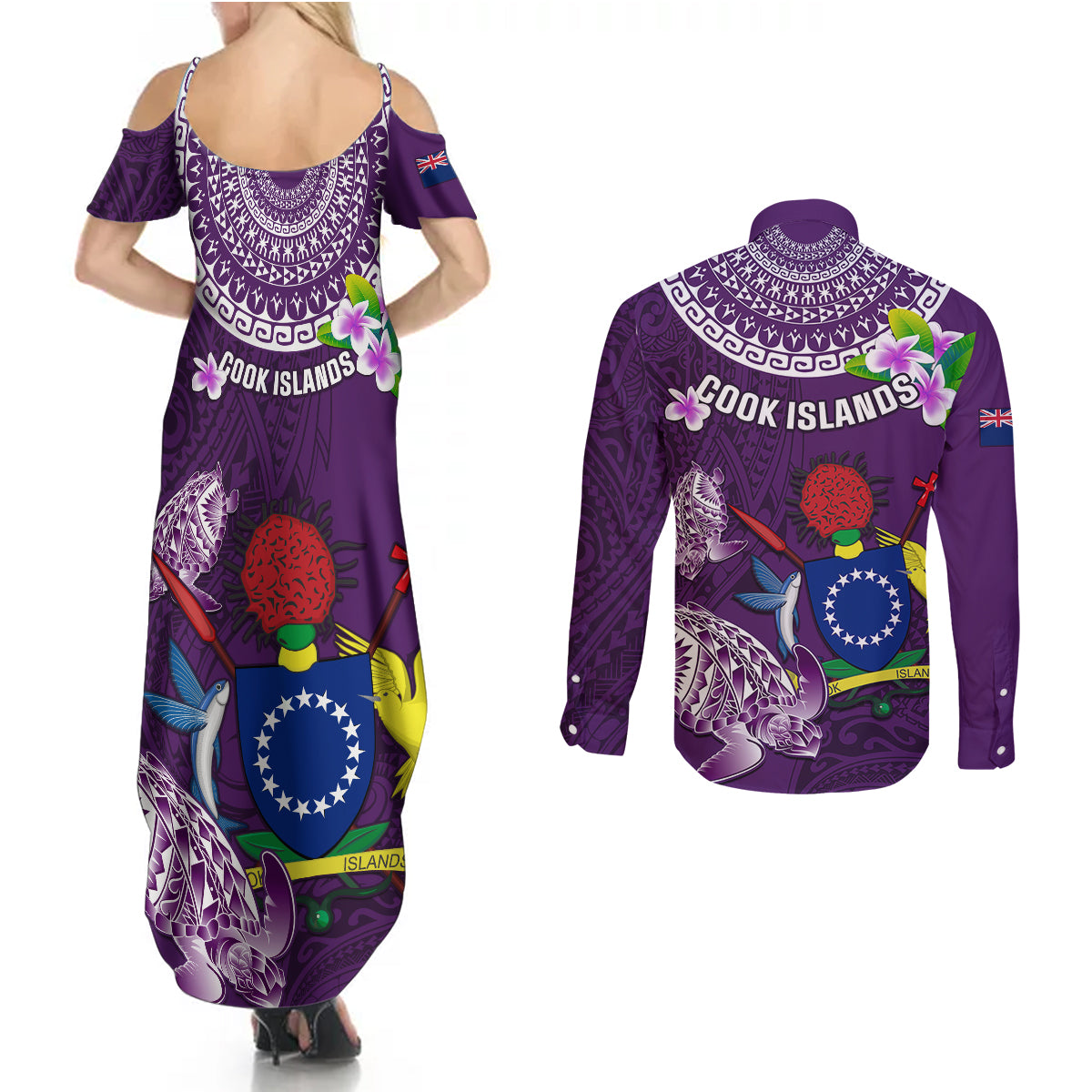 Cook Islands Rarotonga Couples Matching Summer Maxi Dress and Long Sleeve Button Shirts Coat Of Arms Plumeria Polynesian Turtle LT05 - Polynesian Pride