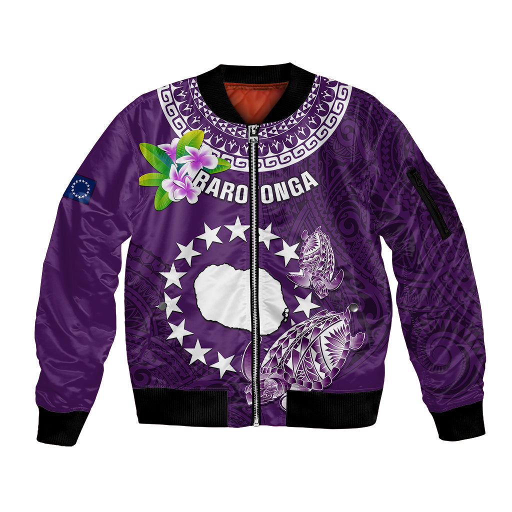 Cook Islands Rarotonga Sleeve Zip Bomber Jacket Coat Of Arms Plumeria Polynesian Turtle LT05 Unisex Purple - Polynesian Pride
